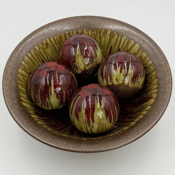 Ceramic Bowl w 4 Ball Orbs Spheres Pottery Centerpiece Red Green Brown Glazed - Picture 1 of 10